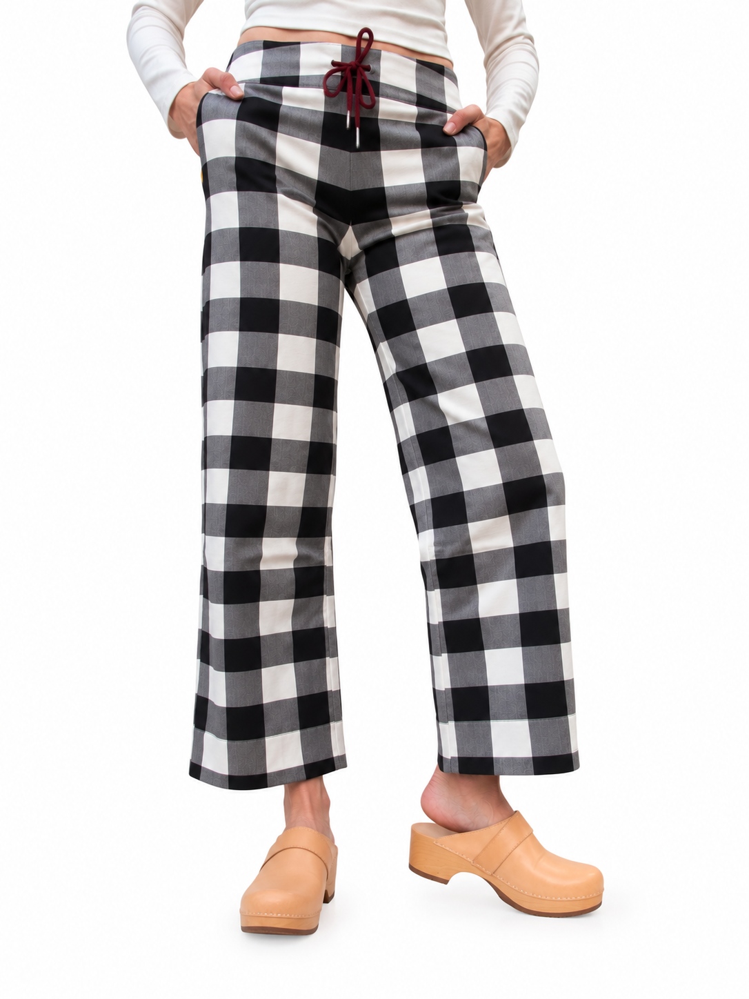 Off the Grid women's black and ivory check cotton canvas pants, front view
