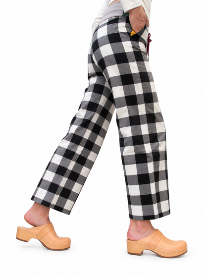 Off the Grid pull-on check pants with ponte waistband, side view